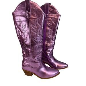 Ouepiano Western Boots Womens 7 Purple Metallic Cowboy Knee High Faux Leather